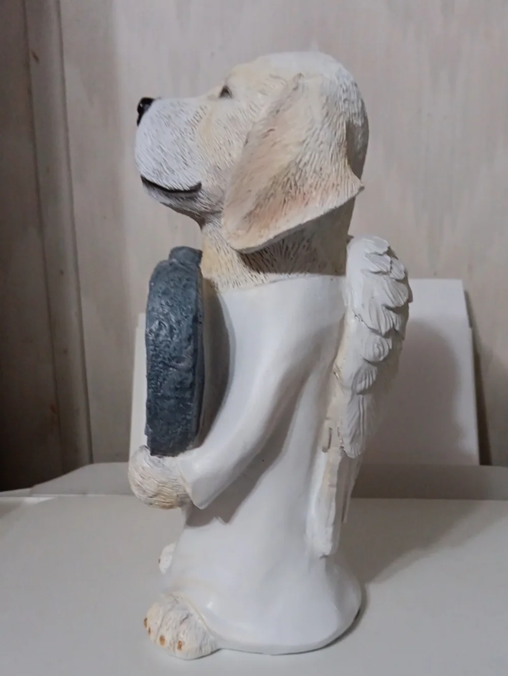 Pet Memorial Dog Statue Holding Heart - Cream and Gray